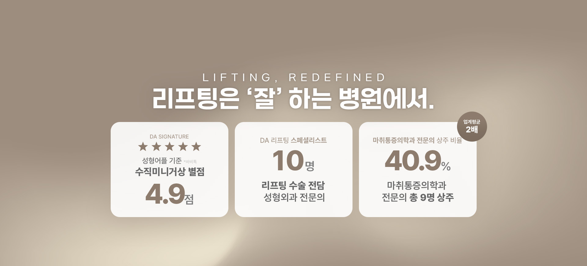 LIFTING, REDEFINED 리프팅은 ‘잘’ 하는 병원에서. 성형어플 기준 수직미니거상 별점 4.9점, 리프팅 수술 전담 성형외과 전문의 10명, 마취통증의학과 전문의 총 9명 상주